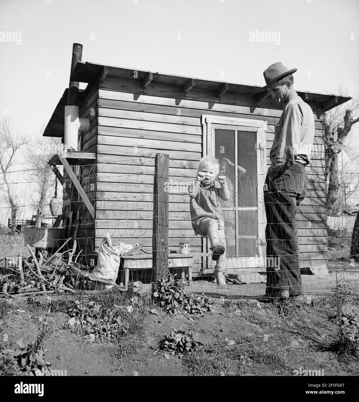 Madera County, family from near Dallas, Texas. Rent is five dollars a month. 'There's no future here. I've been following the work (migratory labor) but there's no chance for a fellow to get a holt hisself in this country. The last job I had is tractor driving for thirty-five cents an hour. Had that job for five months until a Filipino comes along for twenty-five cents an hour. I was raised on a cotton farm my father owned a little place back there and I'm plumb willing to leave this country for good before I get too old, If I could get the chance to farm.'Feb 1939.Photograph by Dorothea Lange Stock Photo