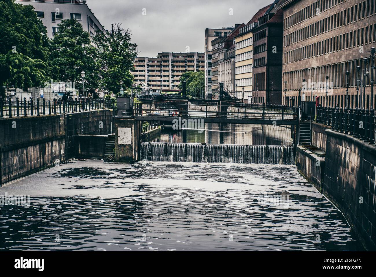 Berlin / Germany - 13 May 2019:  A Spree river view from Friedrichs Bridge, near Bode museum, Central Berlin, Germany Stock Photo