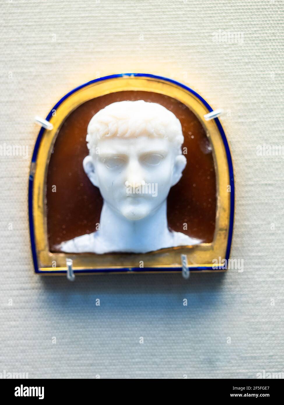 Fragmentary sardonyx cameo: portrait bust of Germanicus Caesar wearing a cuirass and laurel wreath Roman, about AD 14-50 Stock Photo