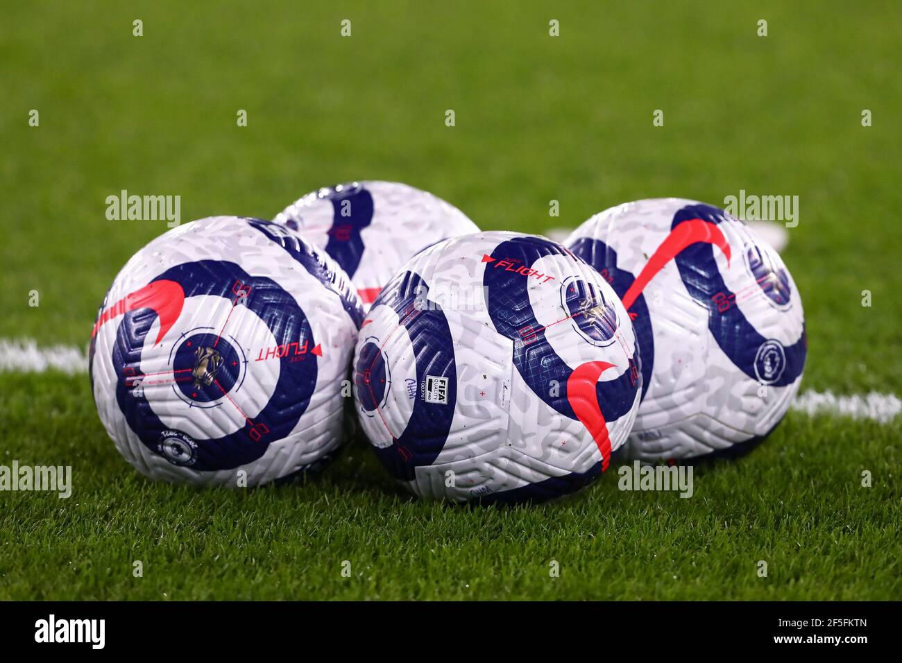 Official Premier League 2020/21 Blue and White Nike Flight match balls - West Ham United v Leeds United, Premier League, London Stadium, London, UK - 8th March 2021  Editorial Use Only - DataCo restrictions apply Stock Photo