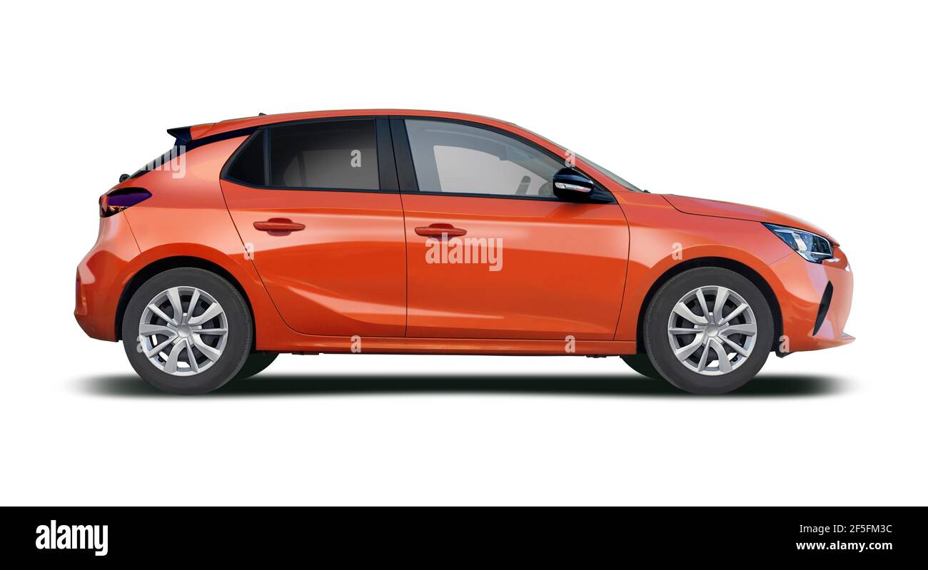 Orange hatchback car side view isolated on white background Stock Photo