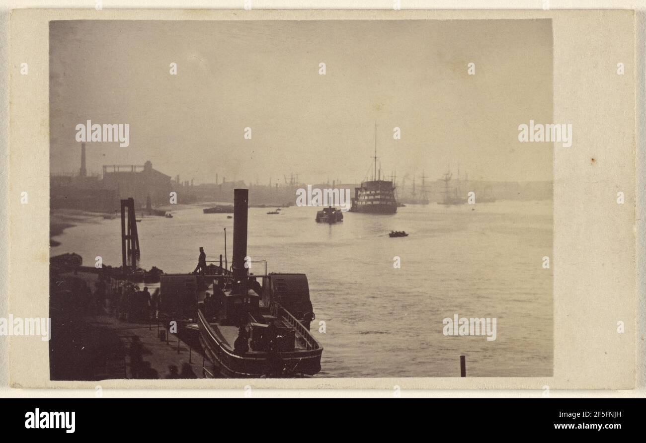 Harbor with ships at Greenwich, England. Ludwig Schultz (British, active Greenwich, England 1860s) Stock Photo