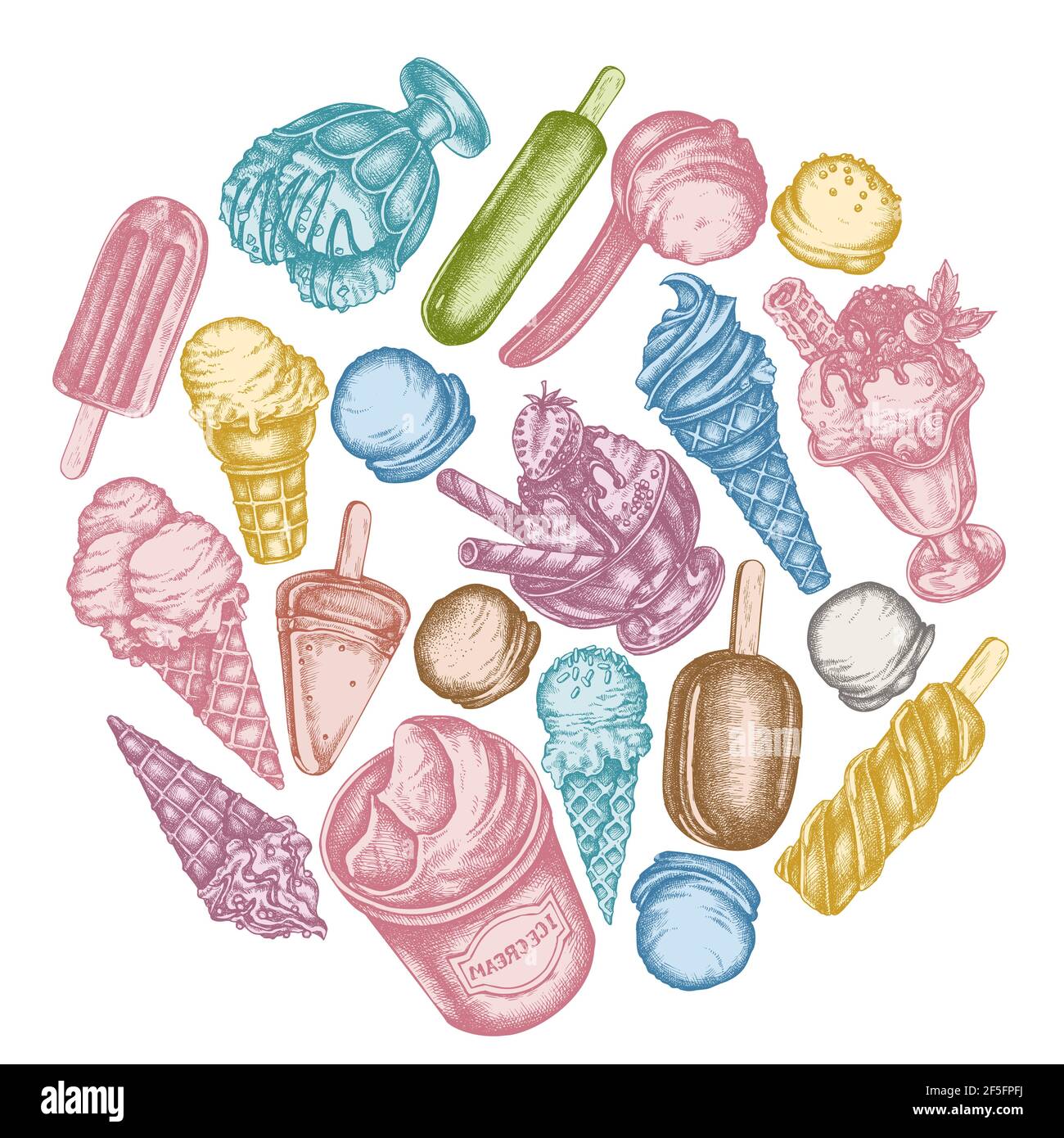Round design with pastel ice cream bowls, ice cream bucket, popsicle