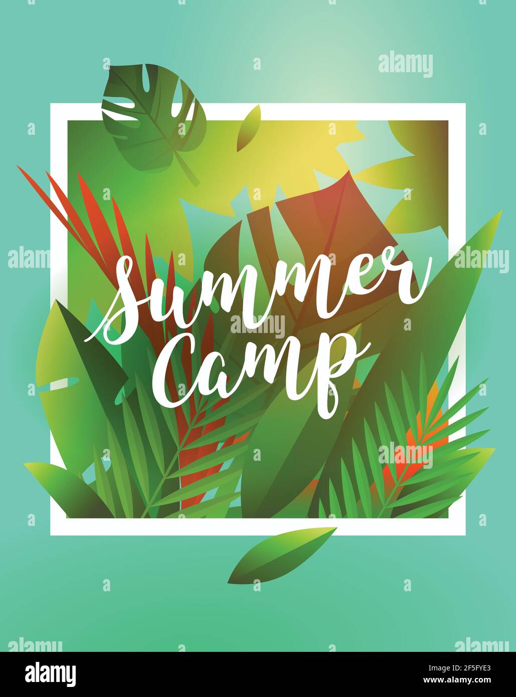 Hello Summer Holiday and Summer Camp poster. Holiday party poster with palm  leaf and lettering- summer camp Stock Vector Image & Art - Alamy