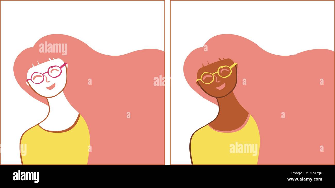 Cute Girl smiley face vector flat greeting card. African and white girls in glasses. EPS 10 Stock Vector