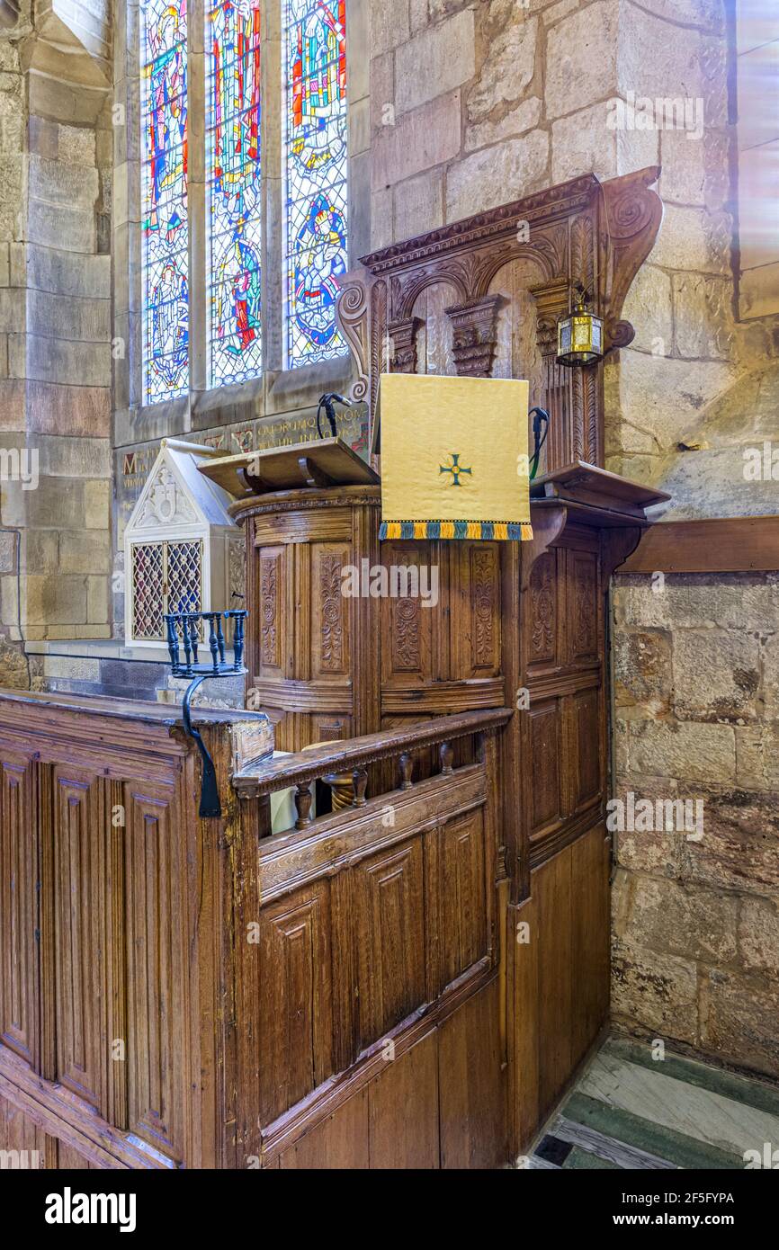 The pulpit in St Salvators Chapel, a late Gothic collegiate chapel belonging to the University of St Andrews, Fife, Scotland UK - The pulpit has suppo Stock Photo
