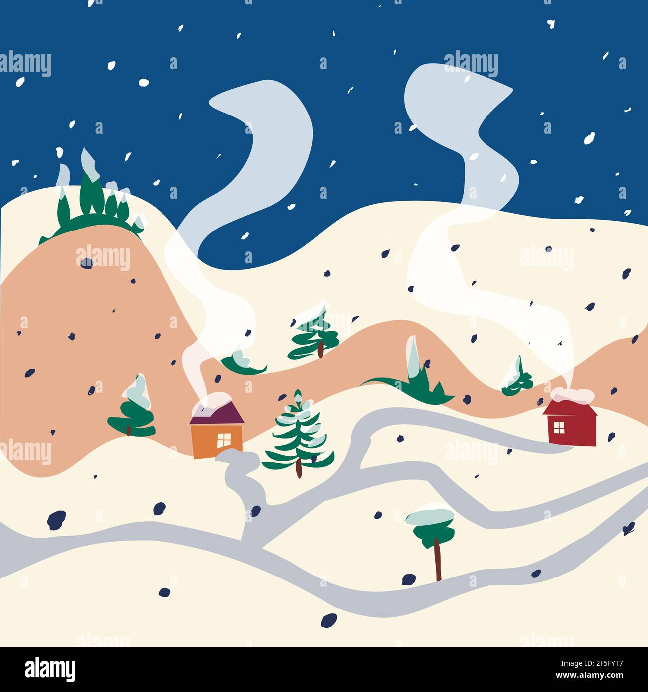 Winter snow hills house street nature landscape vector illustration. Flat, simple, cartoon. Stock Vector