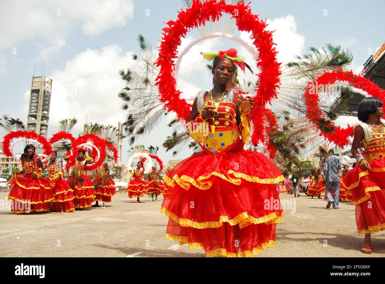 Nigerian ladies dancing in their colourful cultural costume, Lagos State, Nigeria. Stock Photo