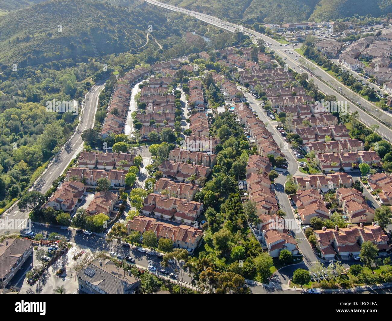 Aerial view of upper middle class neighborhood with big villas around in San Diego, California, USA. Stock Photo