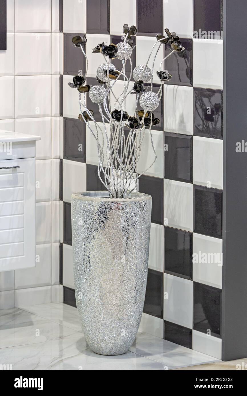 Silver Mirror Floor Vase in Black and White Bathroom Stock Photo Alamy