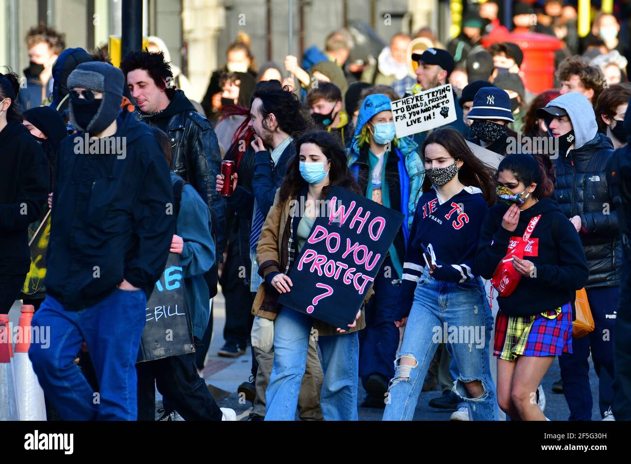 Bristol, UK. 26th Mar, 2021. On a windy afternoon on college green in Bristol, protesters gathered in mass to protest about the Government Kill the Bill. The Protesters started on College Green outside of City Hall and then went on a march through the ciiy. Picture Credit: Robert Timoney/Alamy Live News Stock Photo