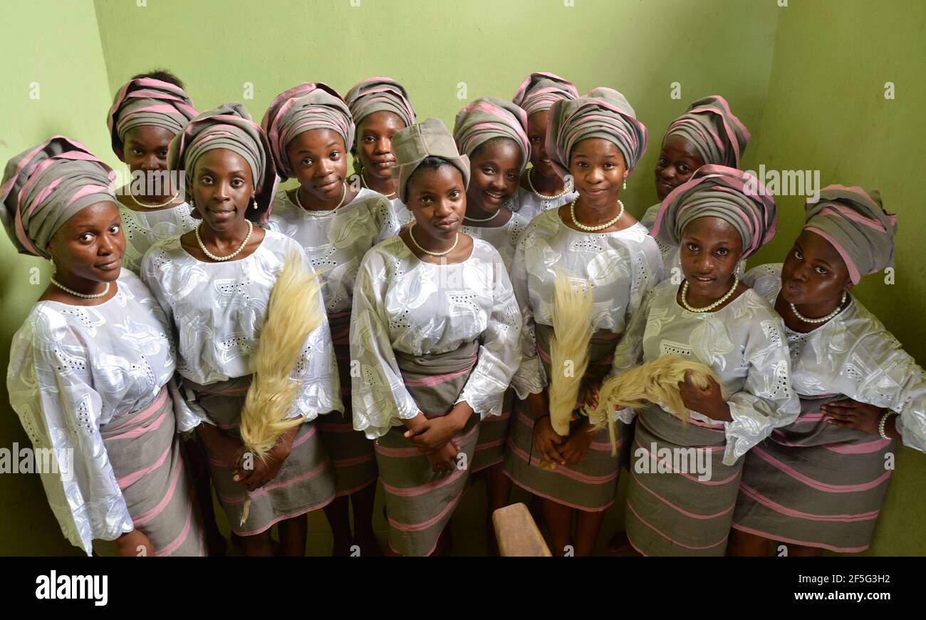 Nigerian girls showcasing Yoruba Traditional Costume on their Cultural Day, Lagos, Nigeria. Stock Photo