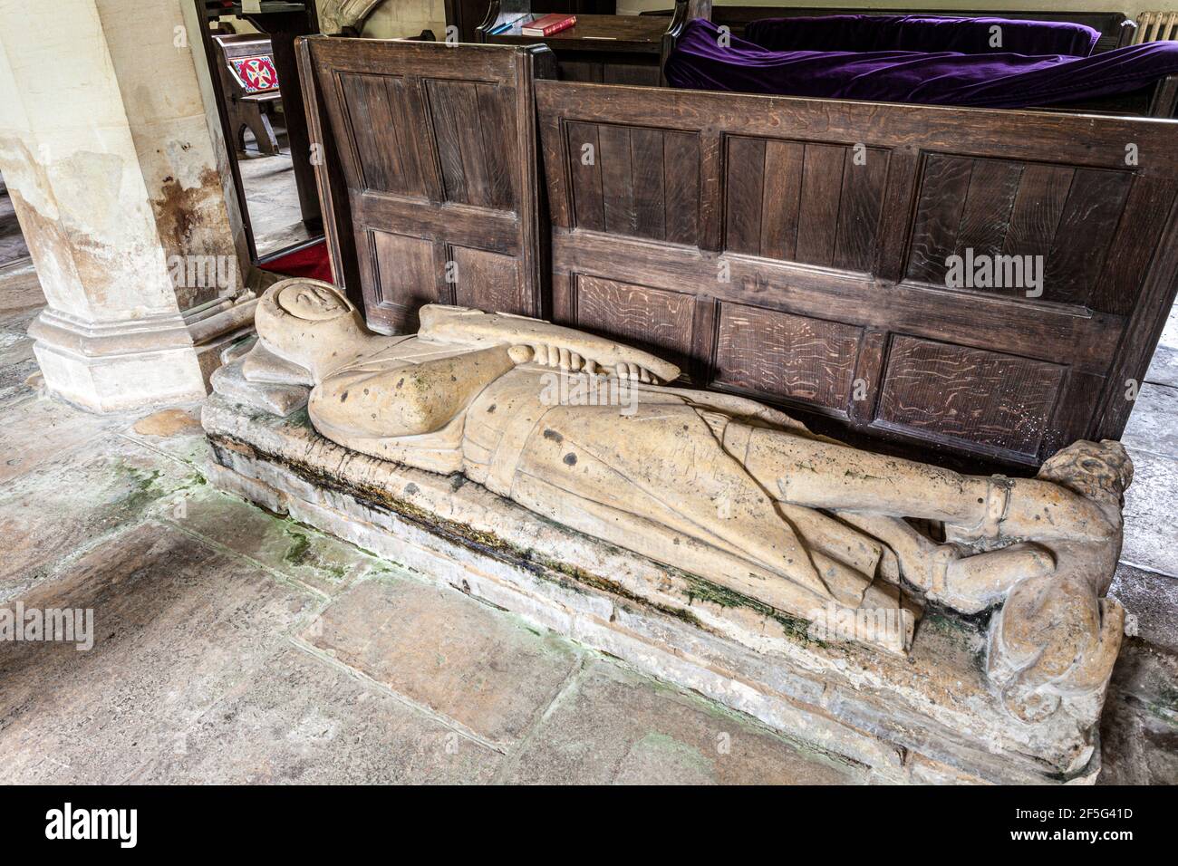 The tomb of the Crusader knight Richard de Crupes in the church in the Cotswold village of Whittington, Gloucestershire UK Stock Photo