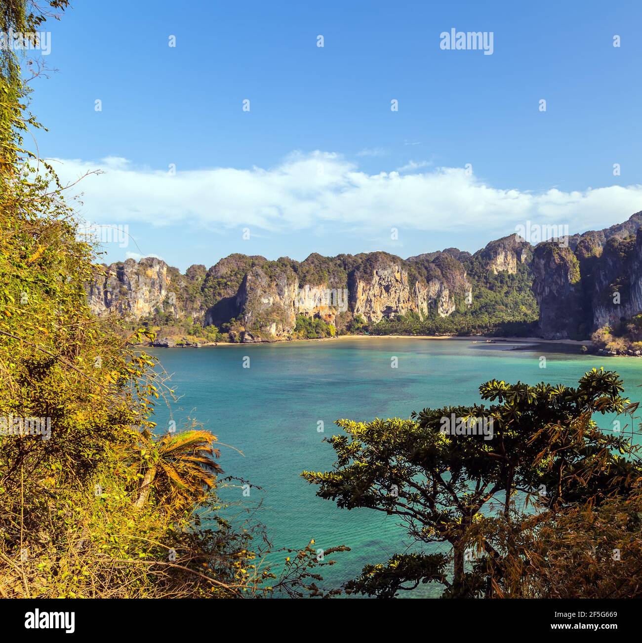 Limestone karsts landscape Railay beach nature scenery. Country Scenic Image Tourism Krabi and Ao Nang in Thailand. Beautiful nature landscape backgro Stock Photo