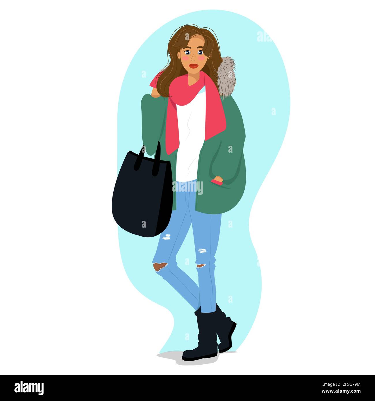 Stylish girl in a green down jacket with a bag, fashionable hairstyle, coral scarf and gloves scarf, white glasses, blue jeans with abrasions, vector Stock Vector