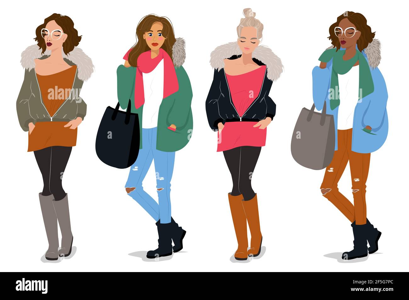 Cute female characters in autumn and winter clothes, 4 fashionable girls fashion illustration, Vector in iflet style Stock Vector