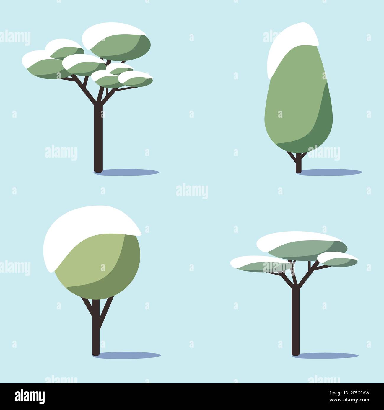 A set of green snow-covered deciduous trees with shadows. Design element for nature logo or banner. Vector illustration in the flat style on a blue ba Stock Vector
