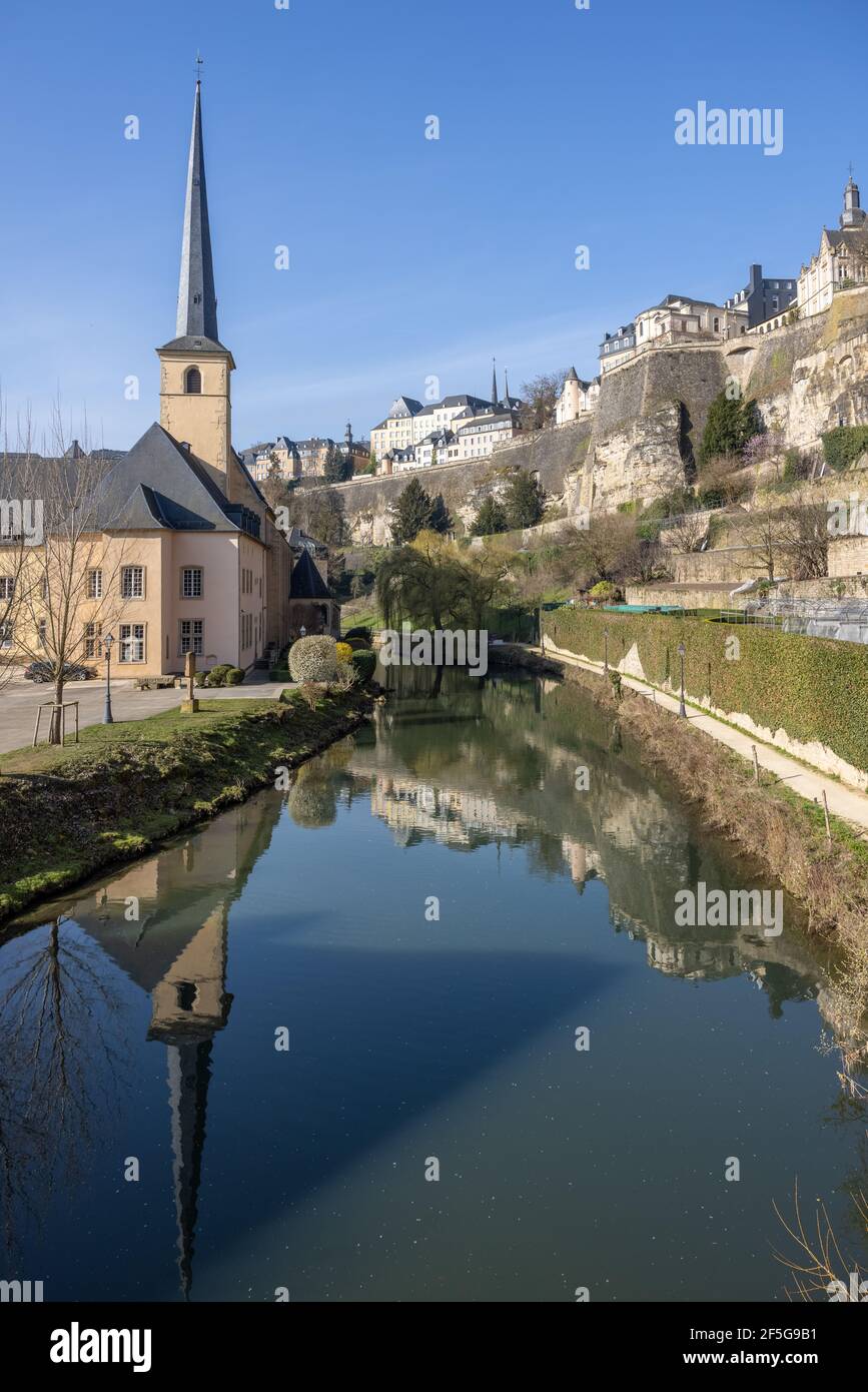 View from the river Alzette to the town of Luxembourg Stock Photo