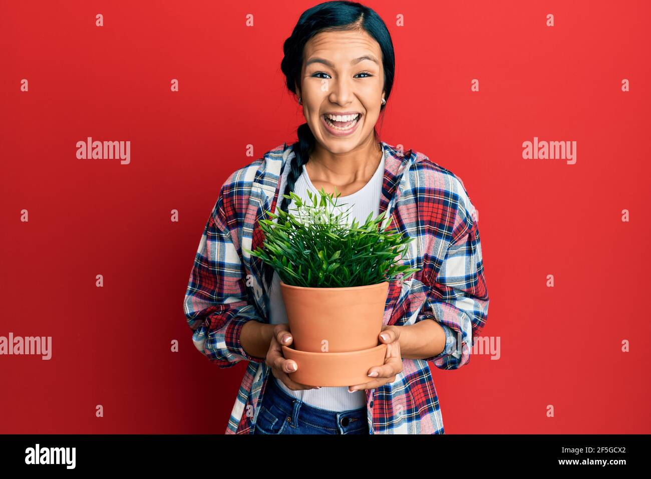 Beautiful hispanic woman wearing gardener shirt holding plant pot celebrating crazy and amazed for success with open eyes screaming excited. Stock Photo
