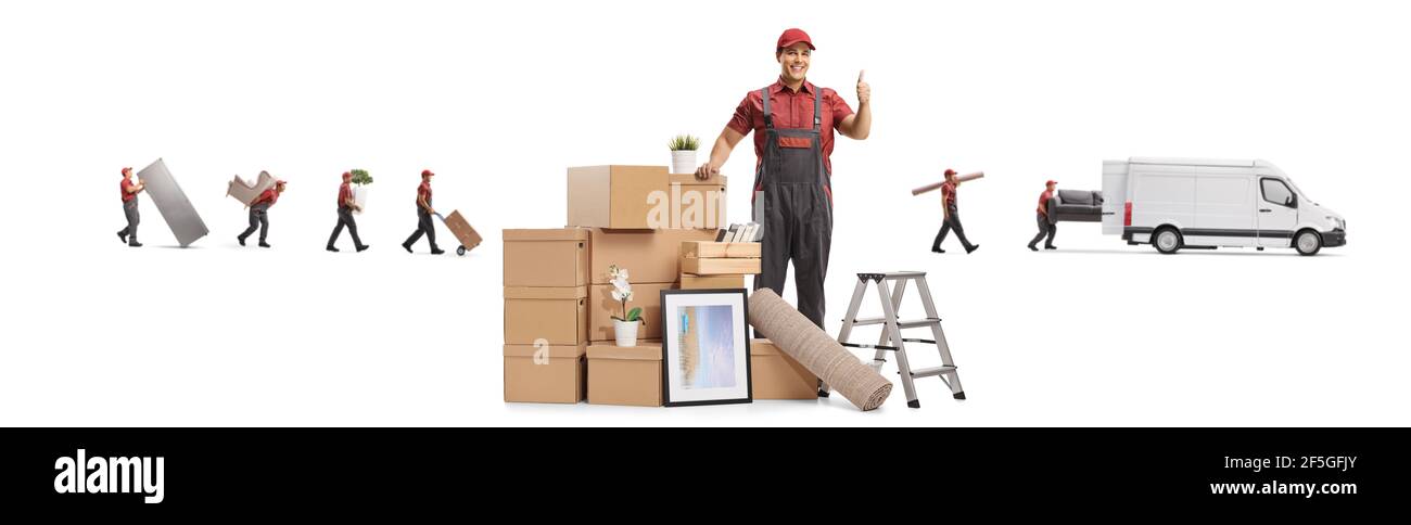 Mover showing thumbs up and workers from a removal company with cardboard boxes and a van isolated on white background Stock Photo