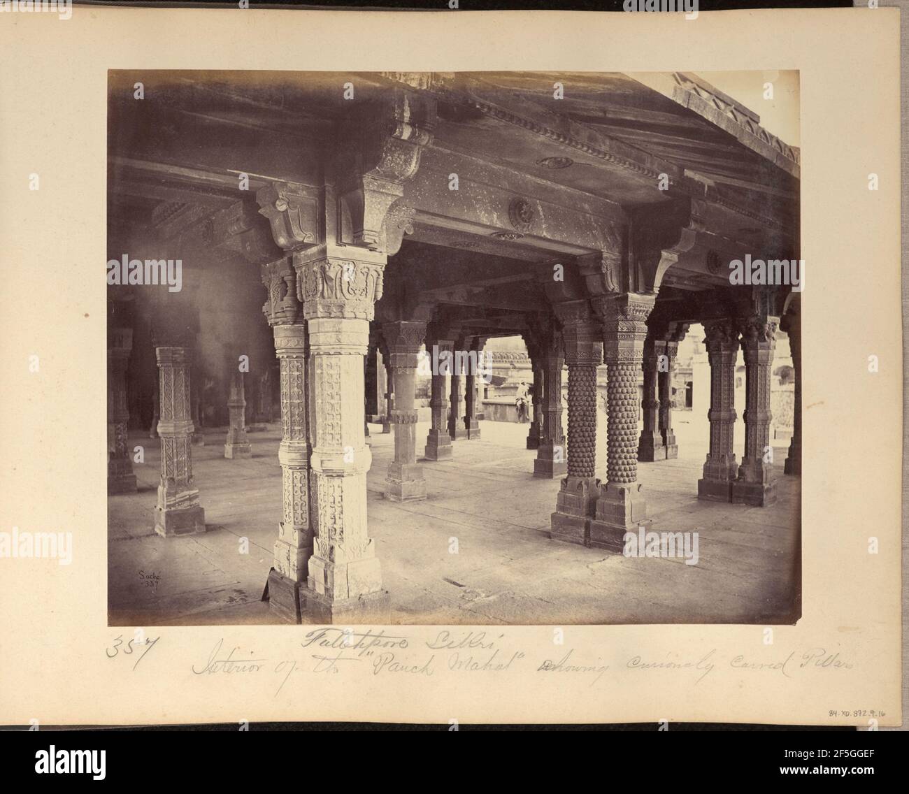 Futtehpore Sikri. Interior of the 'Panch Mahal' Showing Curiously Carved Pillars. John Edward Saché (Prussian or British, born Prussia, 1824 - 1882) Stock Photo