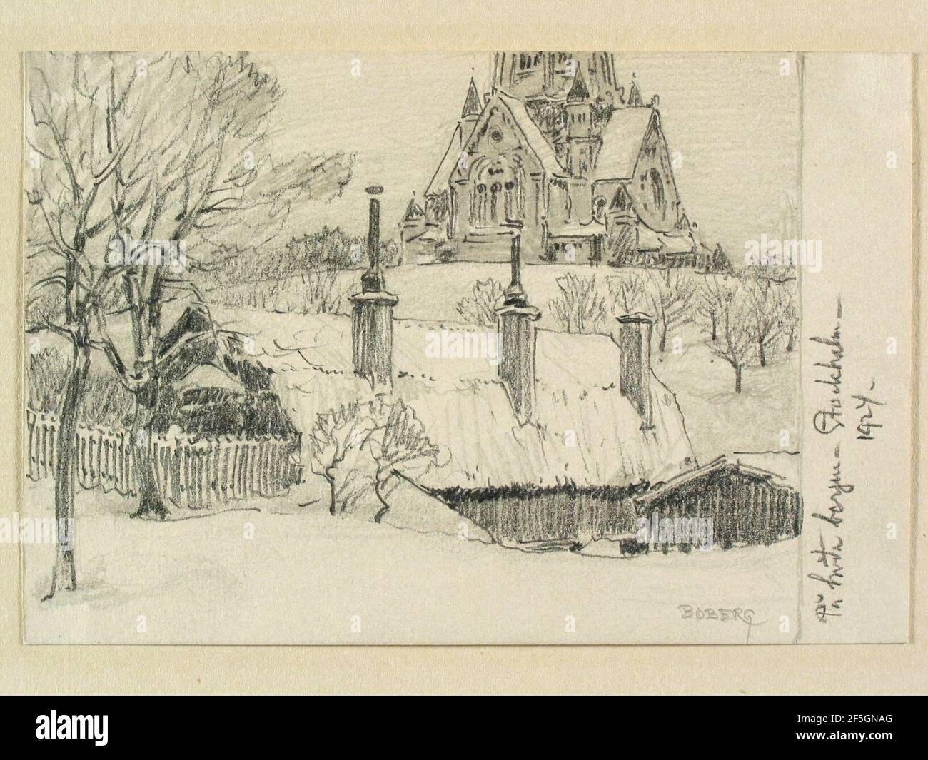 På Hvita Bergen 1924 , Stockholm, Södermalm, Vita bergen, bebyggelse och Sofia kyrka i Bakgrunden Stock Photo