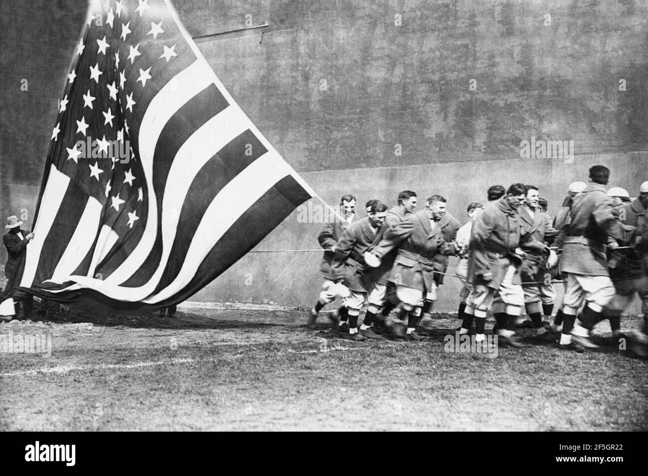 Ebbets Field, New York. Hauling Flag, 14 April 1914. Stock Photo