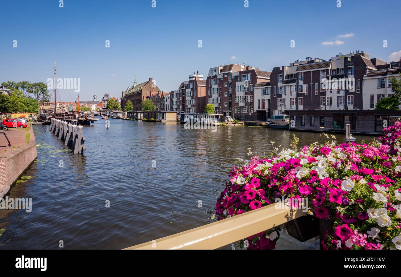 Beautiful canal in Leiden, the Netherlands. View from a bridge with