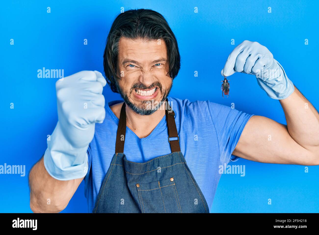 Middle age caucasian man holding cockroach annoyed and frustrated shouting with anger, yelling crazy with anger and hand raised Stock Photo