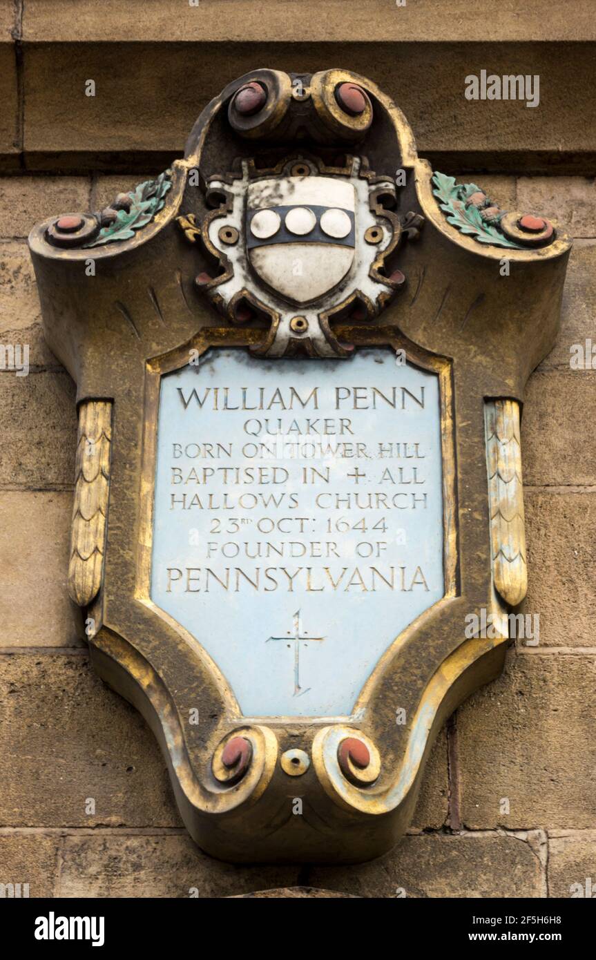A plaque on Tower Hill records the birth of William Penn, the founder of Pennsylvania. Stock Photo