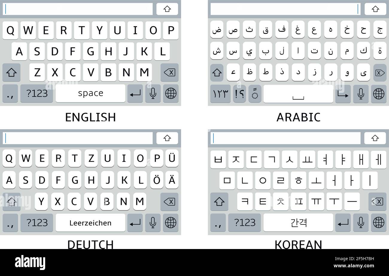 Mobile phone virtual keyboards: English, Arabic, German, Korean alphabet. Vector illustration. Stock Vector