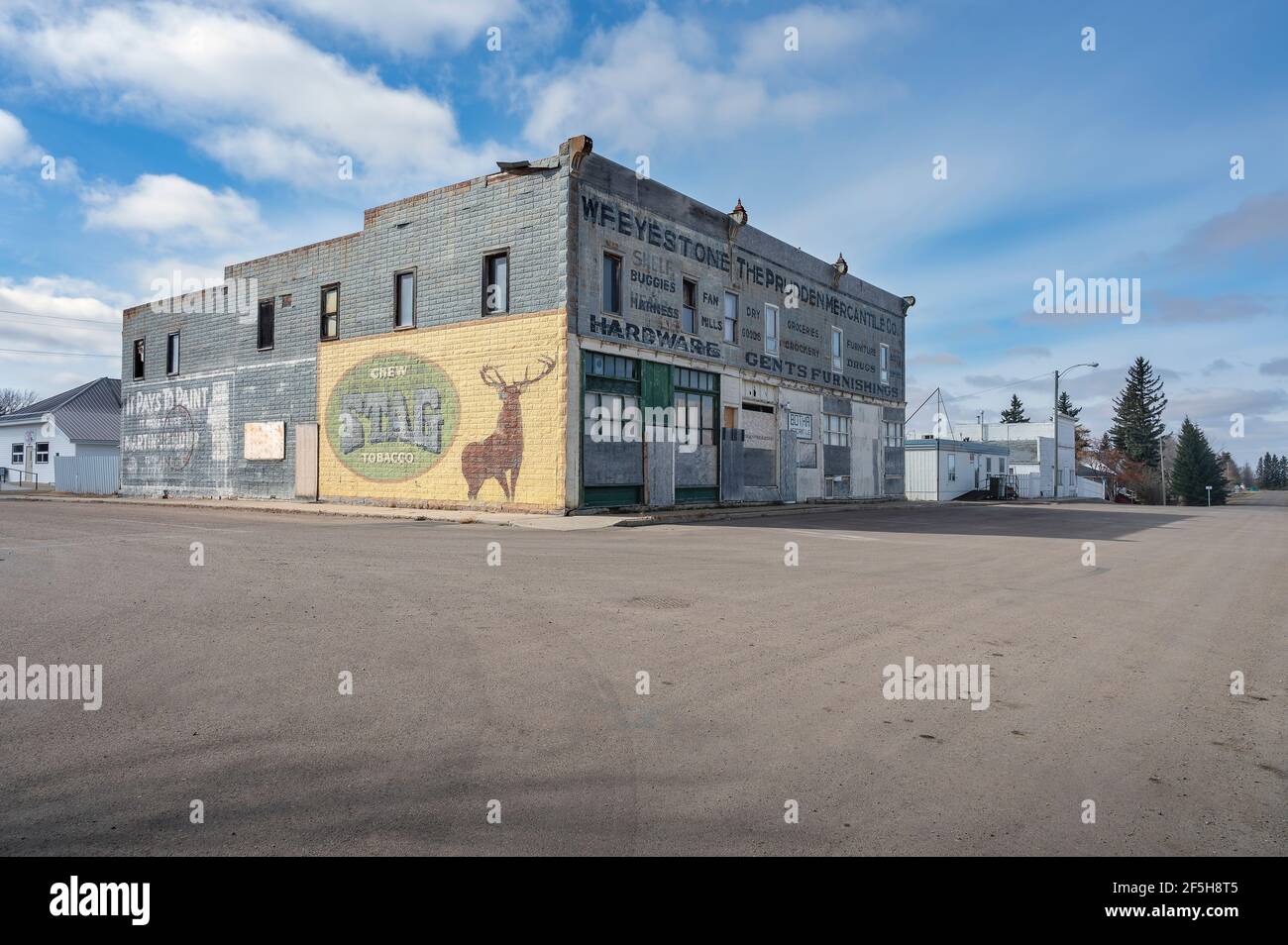 Botha, Alberta, Canada March 25, 2021 Exterior view of the abandoned