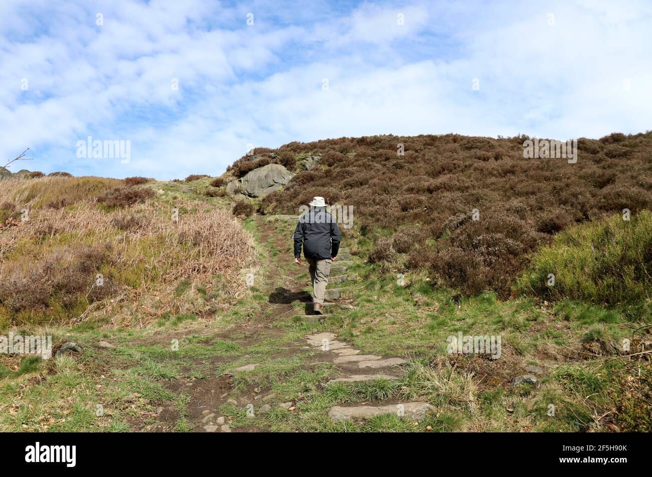 Walker ascending Farhill from the Derbyshire village of Ashover Stock Photo