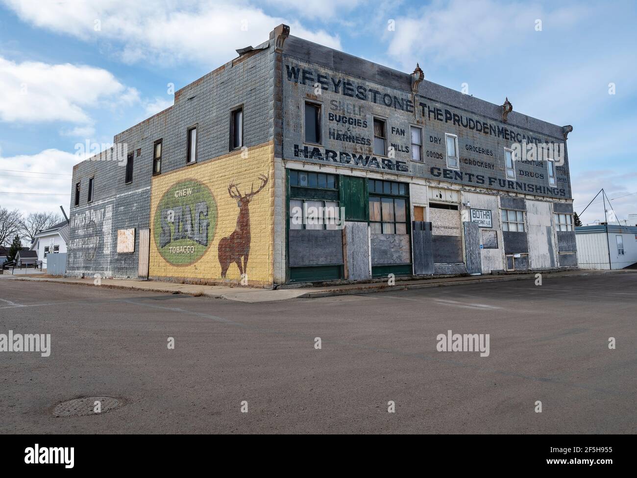Botha, Alberta, Canada March 25, 2021 Exterior view of the abandoned