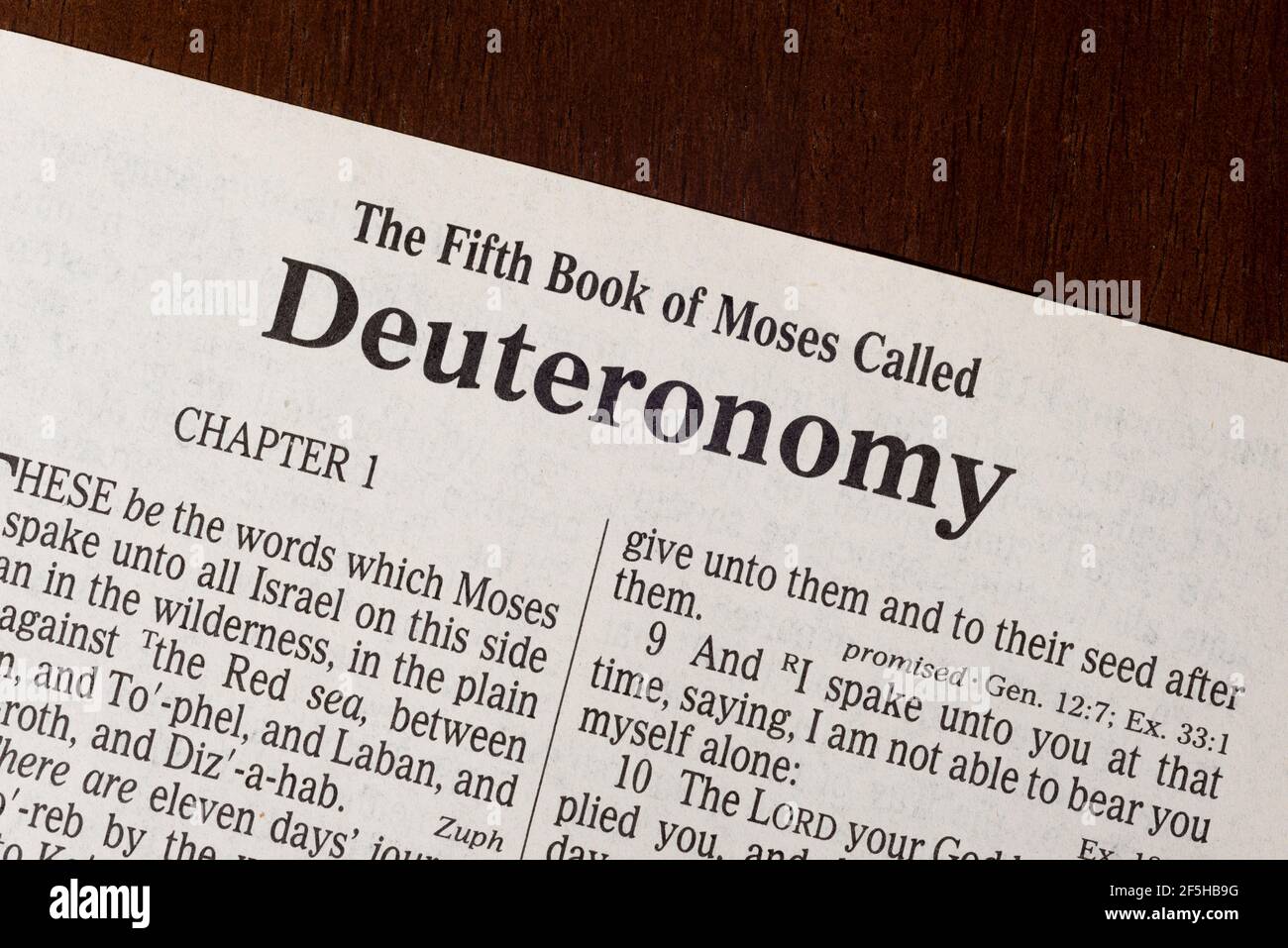 A razor-sharp macro photograph of the first page of the book of Deuteronomy. Stock Photo