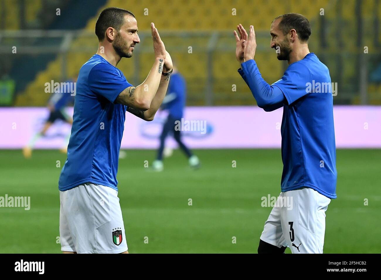 Parma, Italy. 25th Mar, 2021. Leoanrdo Bonucci and Giorgio Chiellini of Italy during the FIFA World Cup 2022 qualification football match between Italy and Northerrn Ireland at stadio Ennio Tardini in Parma (Italy), March 25th, 2021. Photo Andrea Staccioli/Insidefoto Credit: insidefoto srl/Alamy Live News Stock Photo