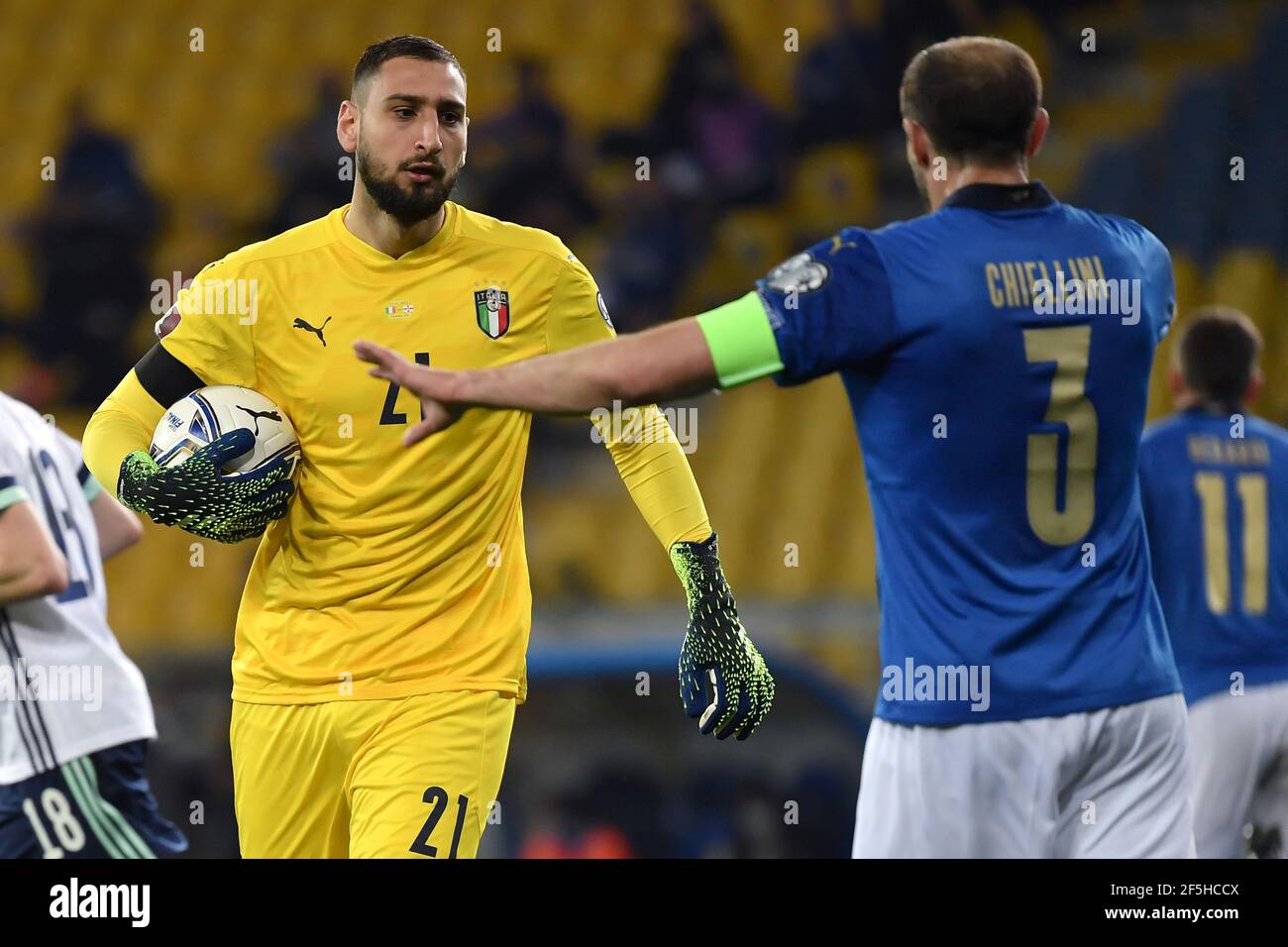 Parma, Italy. 25th Mar, 2021. Gianluigi Donnarumma and Giorgio Chiellini of Italy in action during the FIFA World Cup 2022 qualification football match between Italy and Northerrn Ireland at stadio Ennio Tardini in Parma (Italy), March 25th, 2021. Photo Andrea Staccioli/Insidefoto Credit: insidefoto srl/Alamy Live News Stock Photo