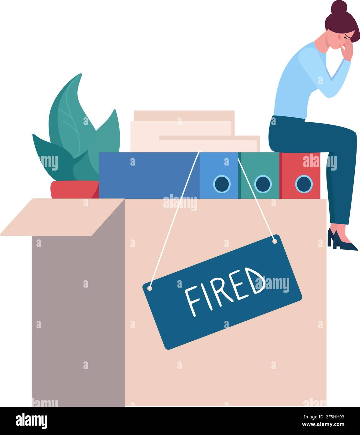 Fired woman crying in the office on the box with things, depression. Job loss due to crisis, contraction, coronavirus, economic decline. Dismissed employee, unemployment . Vector flat, isolated. Stock Vector