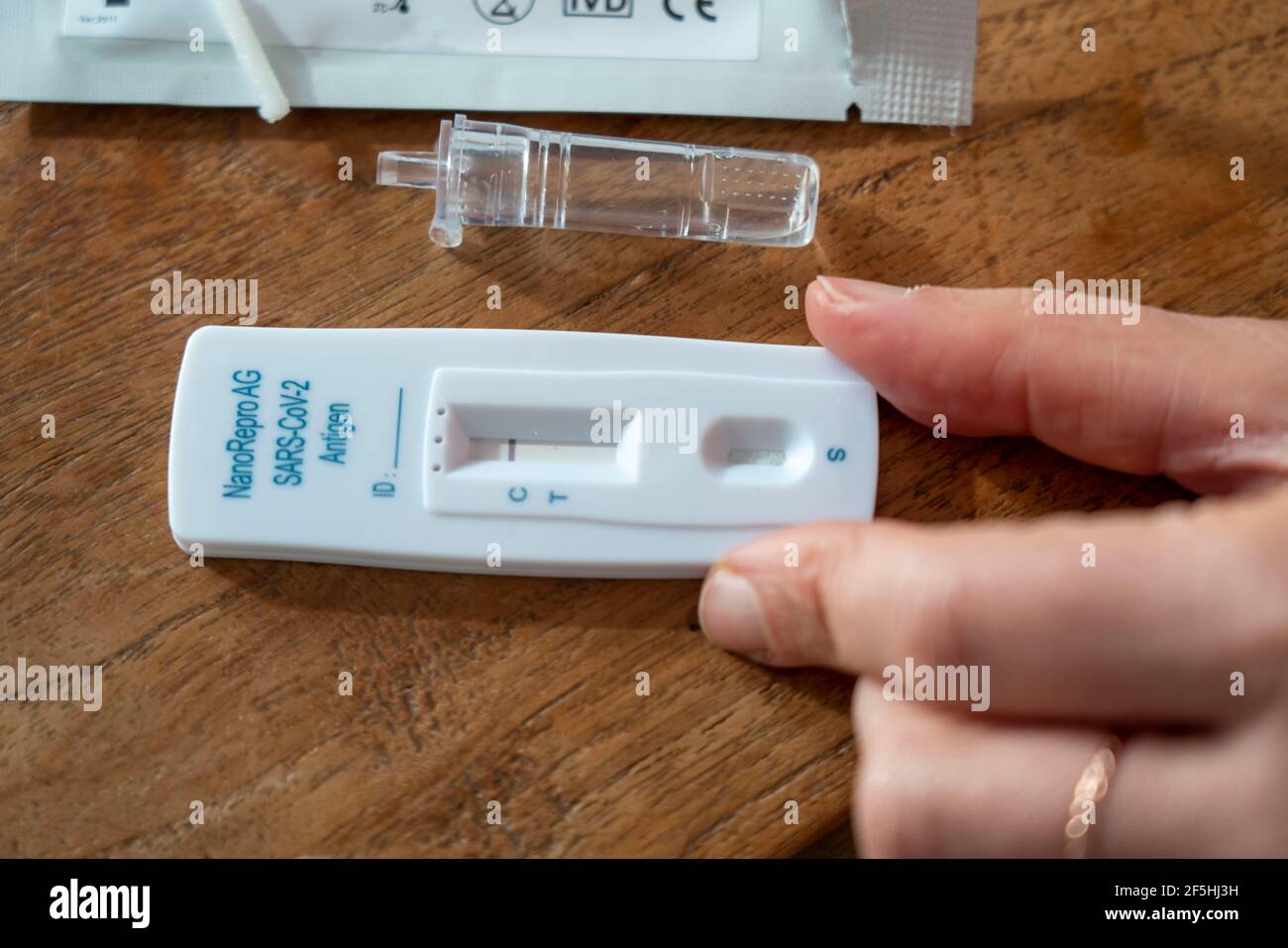 Corona Antigen Rapid Test, lay test, self-test, for the detection of SARS-CoV-2 infection, test result, negative, Stock Photo