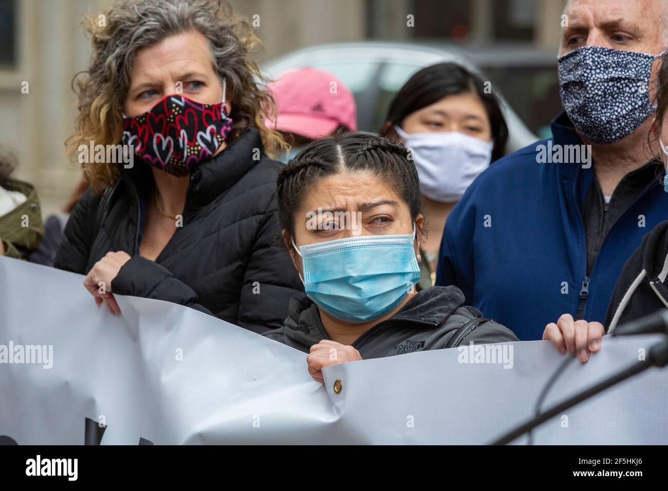 March 26, 2021. Boston, MA. Recently fired Nine Zero Hotel workers gathered at the hotel to demand their jobs back after Nine Zero Hotel fired 52 empl Stock Photo