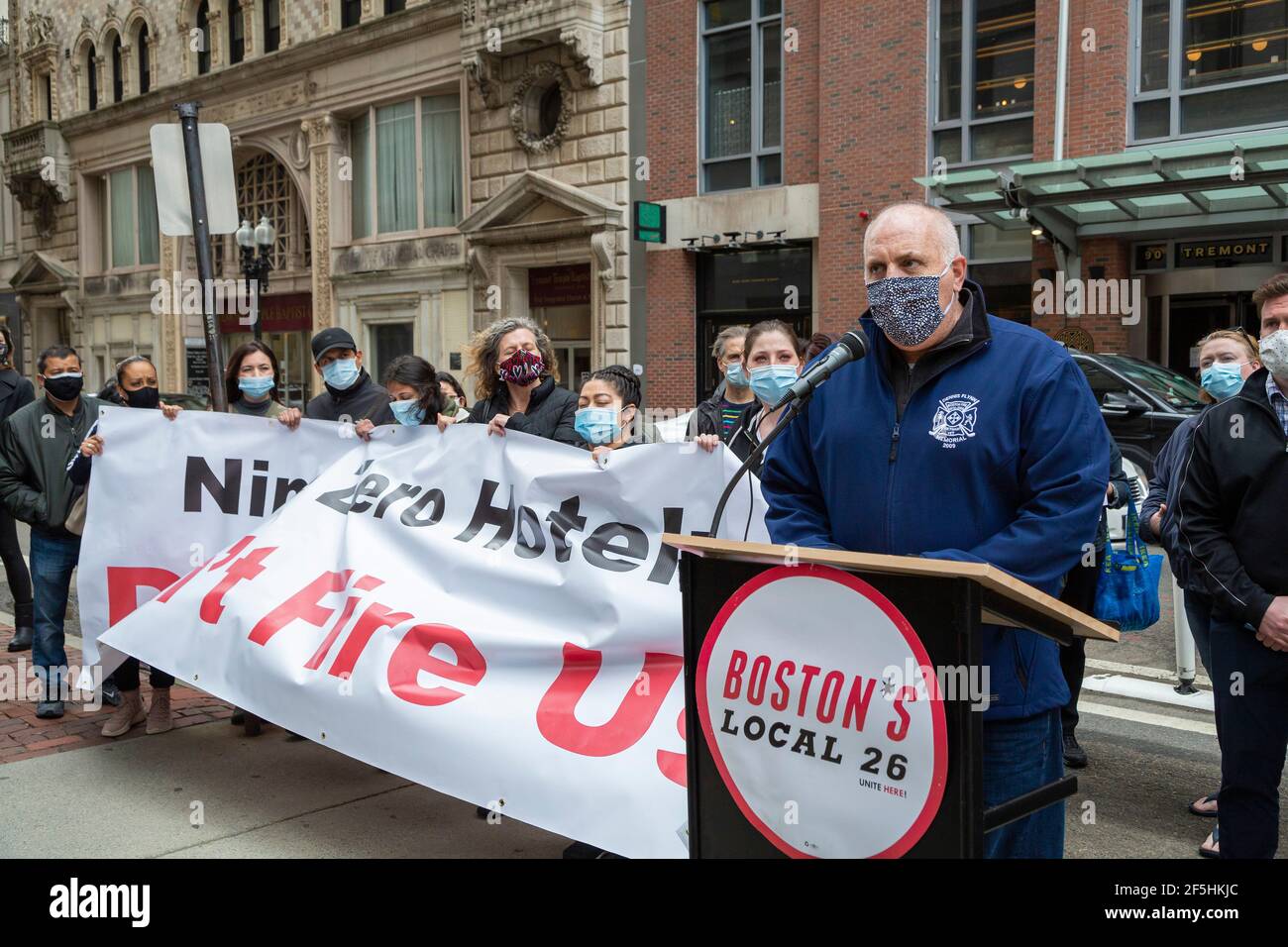 March 26, 2021. Boston, MA. Boston City Councilor Ed Flynn Recently fired Nine Zero Hotel workers gathered at the hotel to demand their jobs back afte Stock Photo