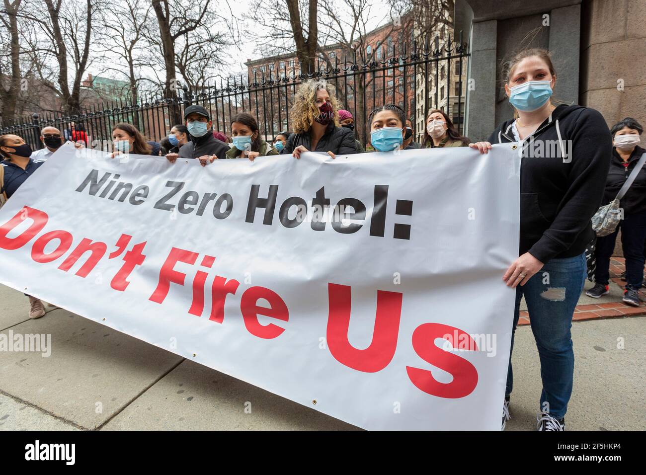 March 26, 2021. Boston, MA. Recently fired Nine Zero Hotel workers gathered at the hotel to demand their jobs back after Nine Zero Hotel fired 52 empl Stock Photo