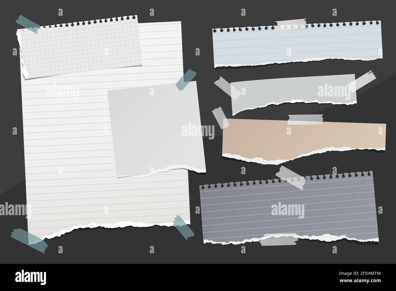 White, grey, brown torn note, notebook paper pieces are on black background for text, advertising or design. Vector illustration Stock Vector