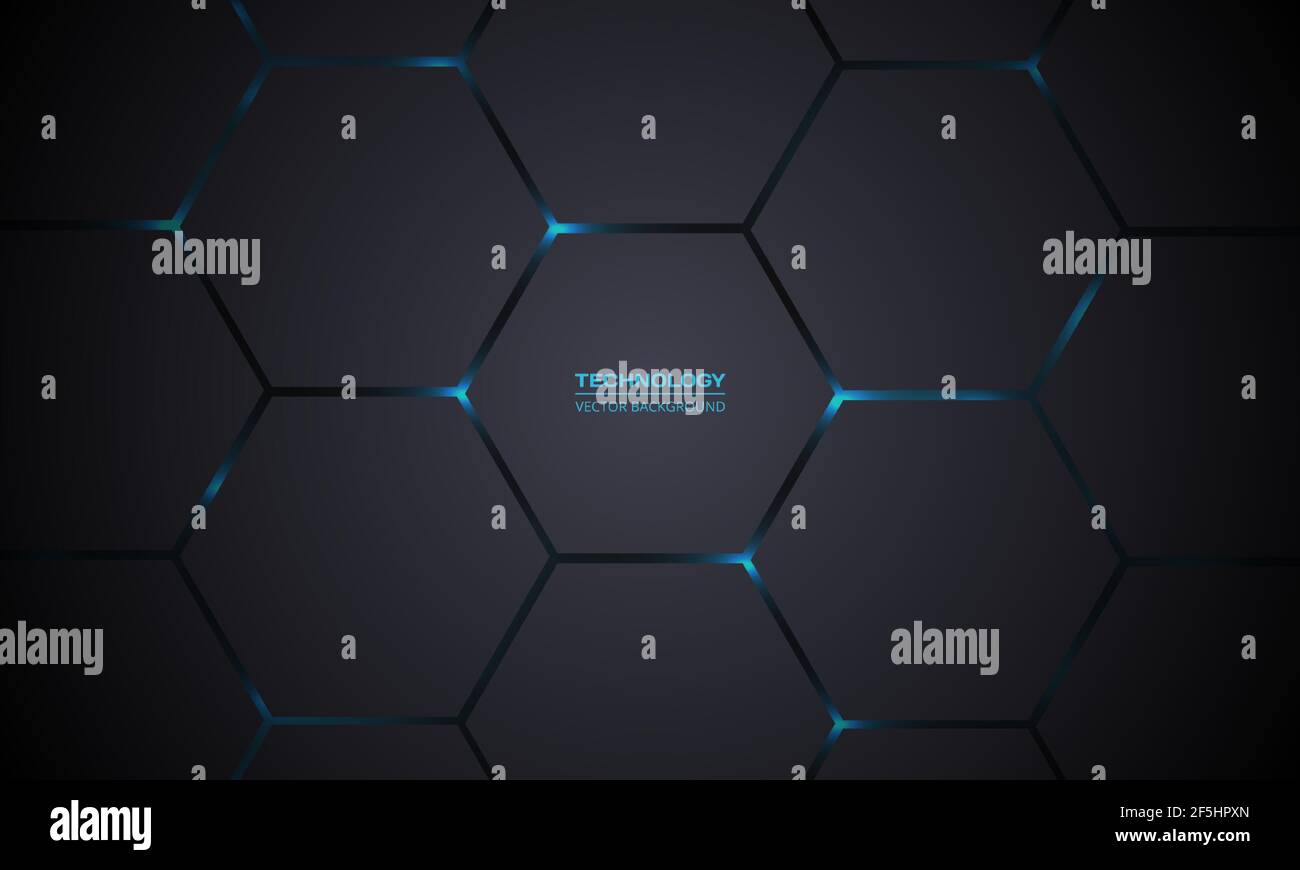 Dark gray hexagonal technology vector abstract background. Blue bright ...