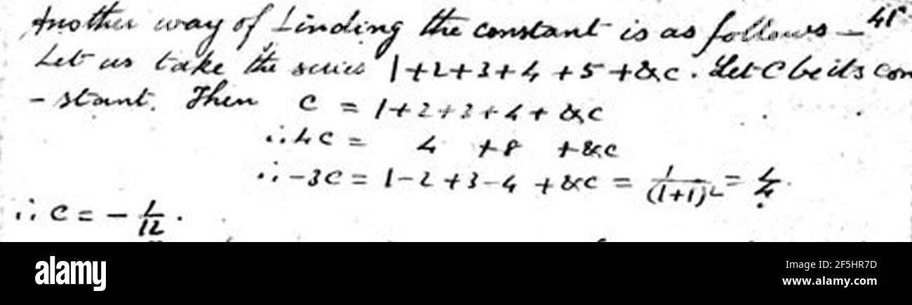 Ramanujan Notebook 1 Chapter 8 on 1234 series. Stock Photo
