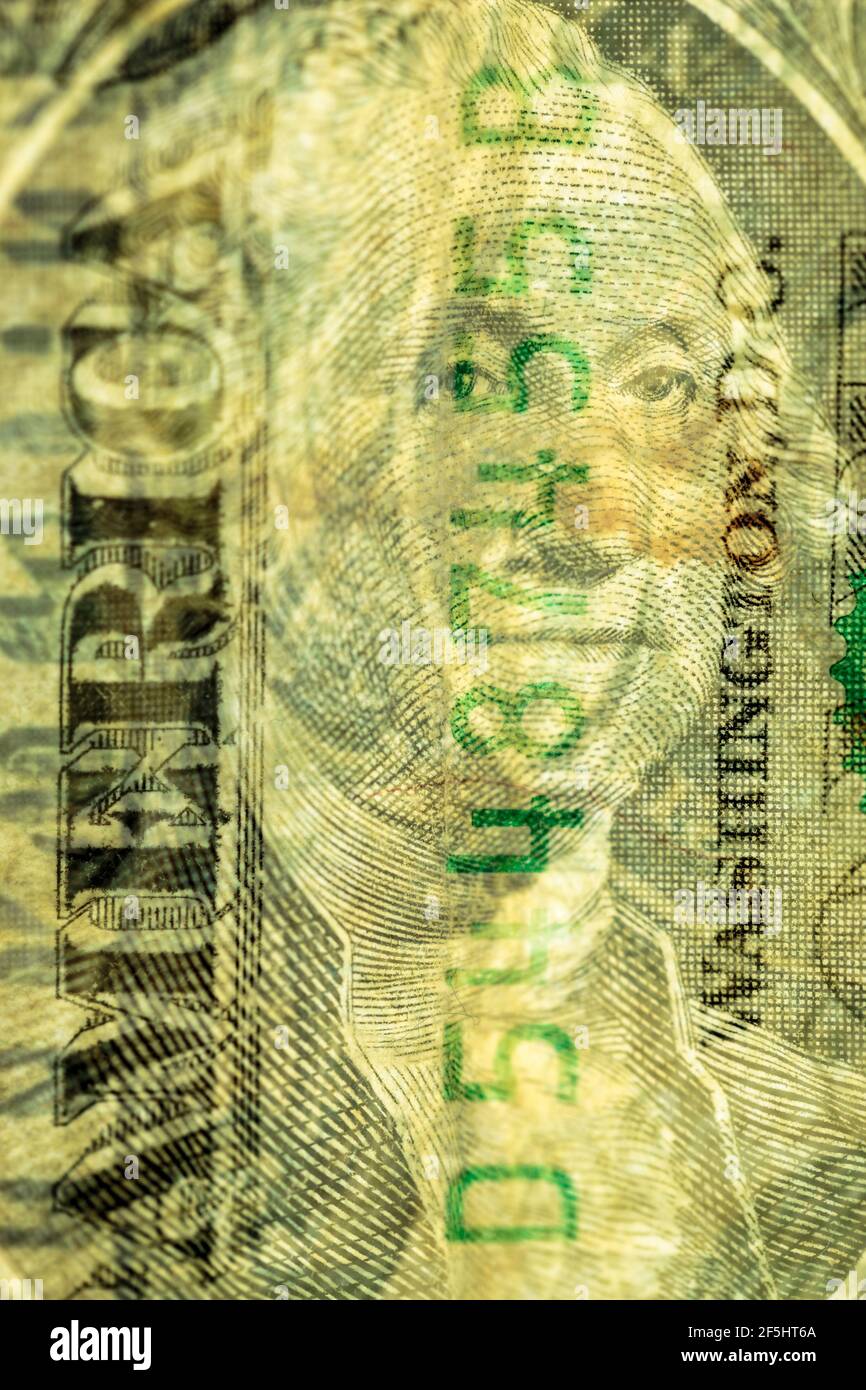 Macro double exposure of front and reverse sides one dollar bill with portrait of President George Washington and Eye of Providence Stock Photo