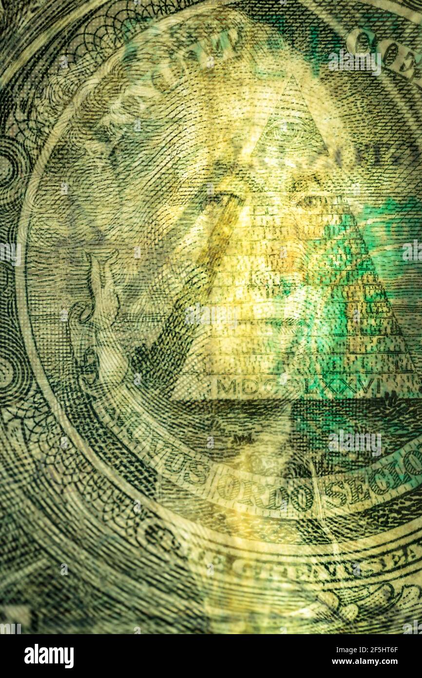 Macro double exposure of front and reverse sides one dollar bill with portrait of President George Washington and Eye of Providence Stock Photo