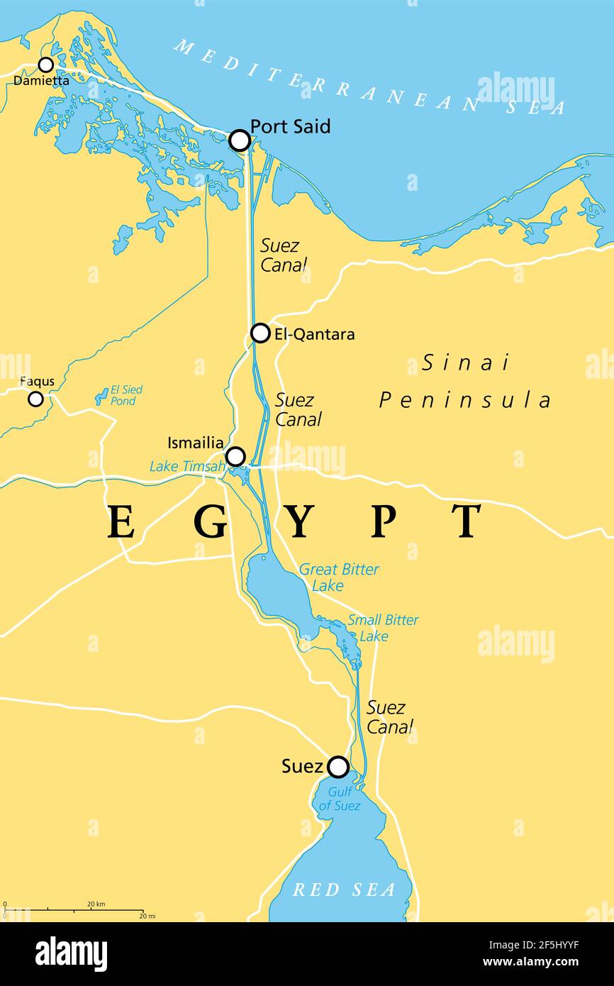 Suez Canal, political map. An artificial sea-level waterway in Egypt, connecting the Mediterranean Sea to the Red Sea, dividing Africa and Asia. Stock Photo