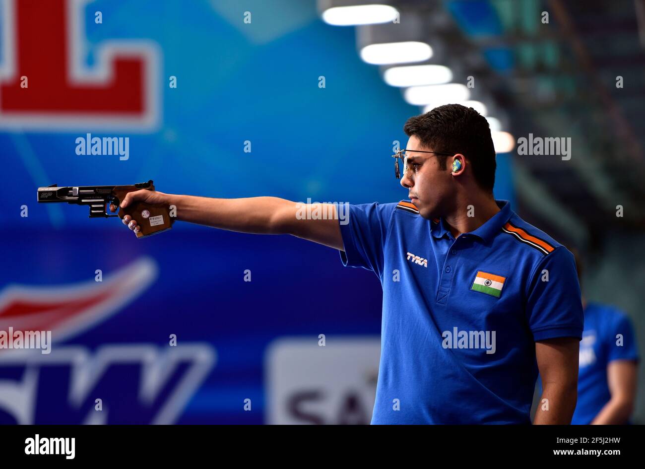 New Delhi, India. 26th Mar, 2021. NEW DELHI, INDIA - MARCH 26: Indian Shooter Vijayveer Sidhu in a action during 25m Rapid Fire Pistol men's final of International Shooting Sports Federation (ISSF) World Cup 2021, at Dr Karni Singh Shooting Ranges, on March 26, 2021 in New Delhi, India. (Photo by Sanjeev Verma/ Hindustan Times/Sipa USA) Credit: Sipa USA/Alamy Live News Stock Photo