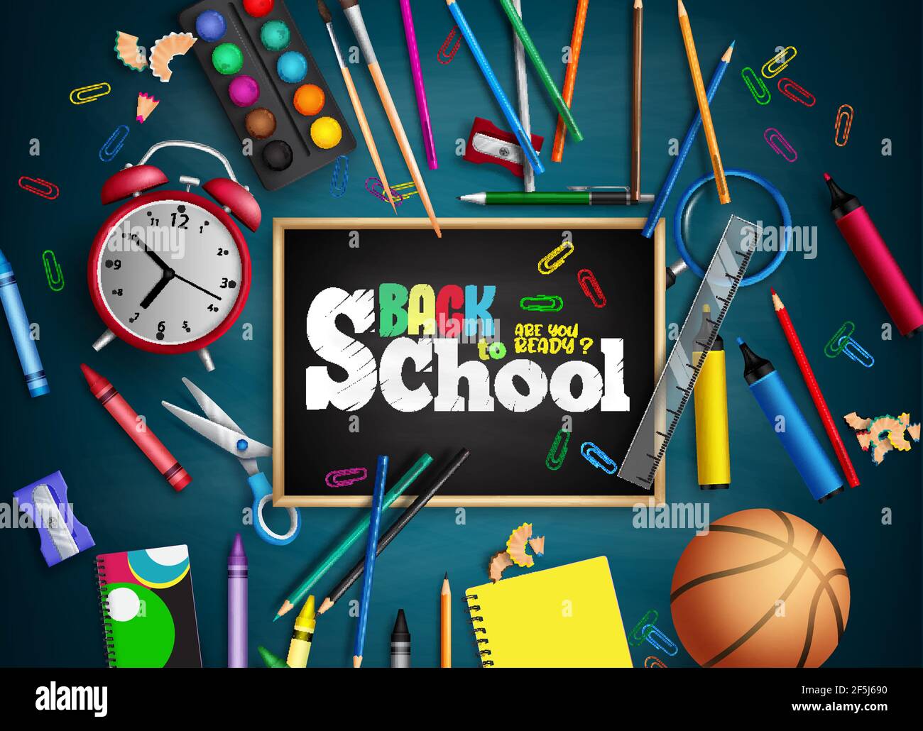 Back to school vector banner background. Back to school text with education activity objects like color pen, paint and basketball elements for student. Stock Vector